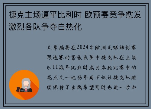 捷克主场逼平比利时 欧预赛竞争愈发激烈各队争夺白热化