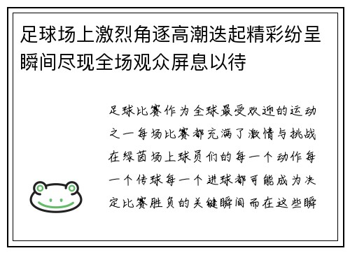 足球场上激烈角逐高潮迭起精彩纷呈瞬间尽现全场观众屏息以待