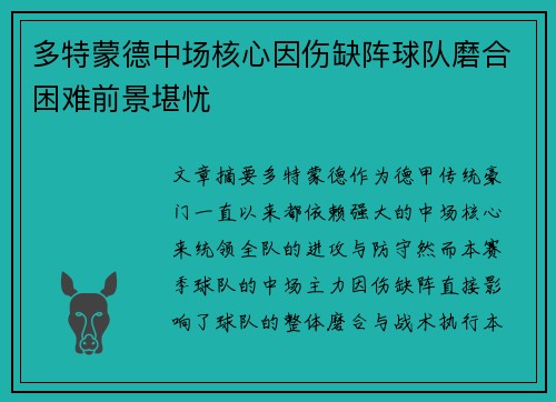 多特蒙德中场核心因伤缺阵球队磨合困难前景堪忧