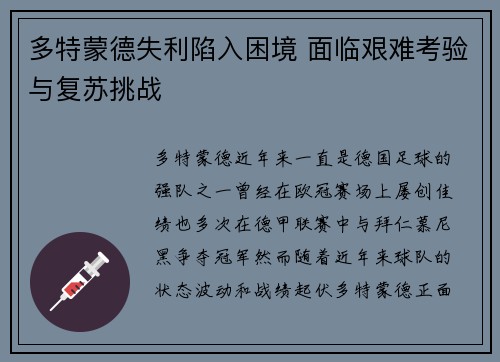 多特蒙德失利陷入困境 面临艰难考验与复苏挑战