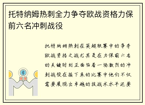 托特纳姆热刺全力争夺欧战资格力保前六名冲刺战役