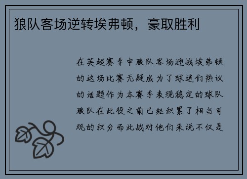 狼队客场逆转埃弗顿，豪取胜利
