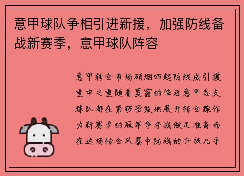 意甲球队争相引进新援，加强防线备战新赛季，意甲球队阵容