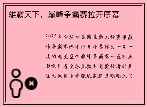 雄霸天下，巅峰争霸赛拉开序幕