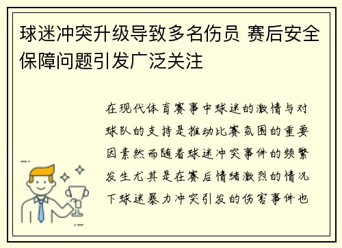 球迷冲突升级导致多名伤员 赛后安全保障问题引发广泛关注