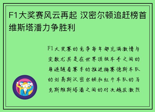 F1大奖赛风云再起 汉密尔顿追赶榜首维斯塔潘力争胜利