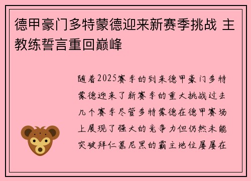 德甲豪门多特蒙德迎来新赛季挑战 主教练誓言重回巅峰
